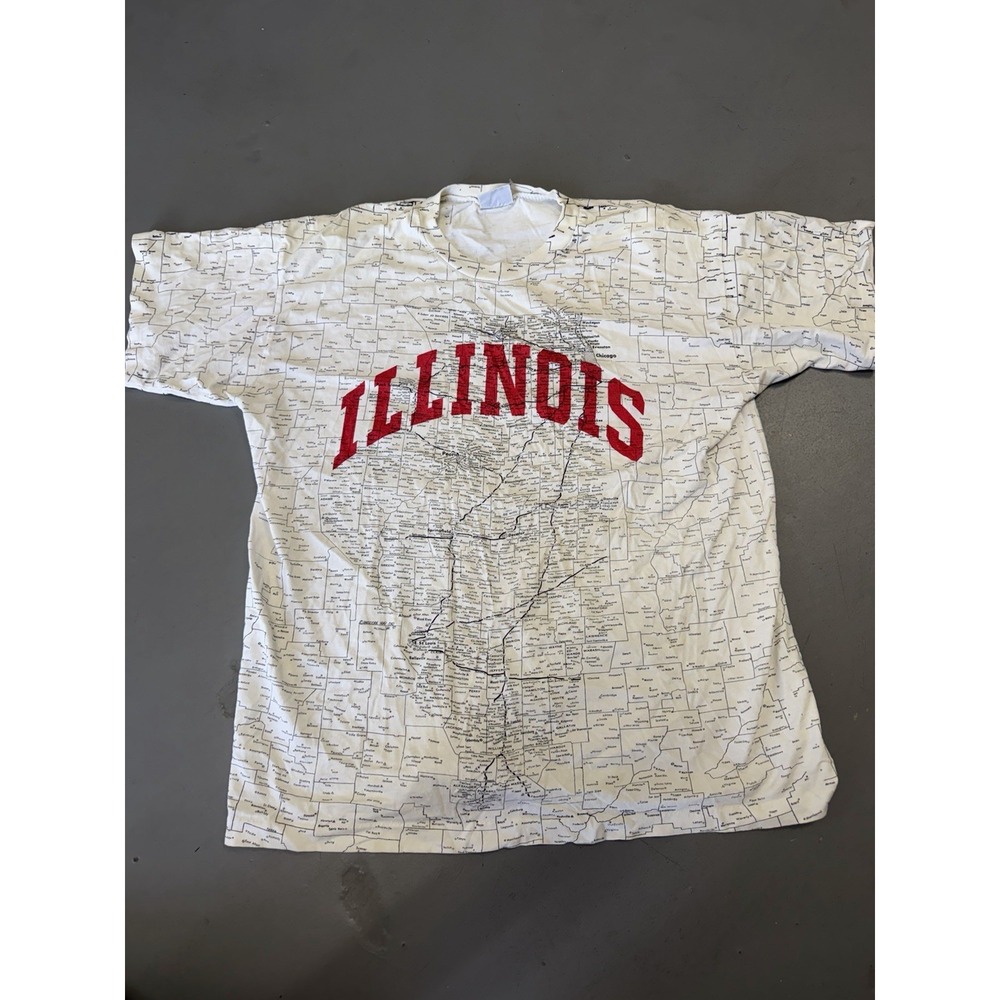 Vintage Illinois Map AOP White Mens Large Shirt 90s All Over Print State S26
